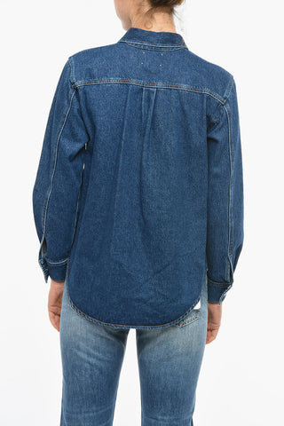 Denim Shirt with Breast Pocket and Visible Stitching