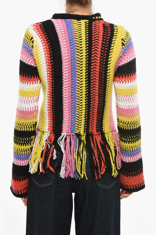 Fringed Bottom Crochet Sweater with Multicolor Motif