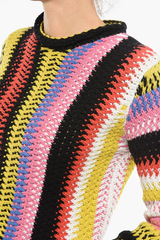 Fringed Bottom Crochet Sweater with Multicolor Motif