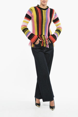 Fringed Bottom Crochet Sweater with Multicolor Motif