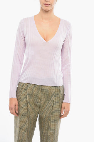 Maglia in Lana Merinos a Costine con Collo a V