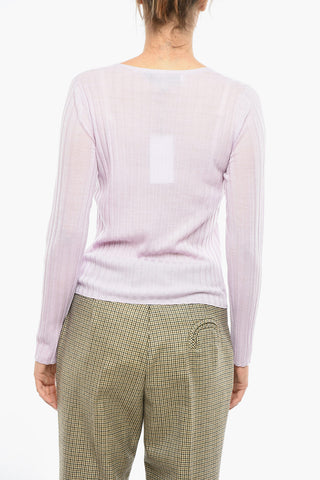 Maglia in Lana Merinos a Costine con Collo a V