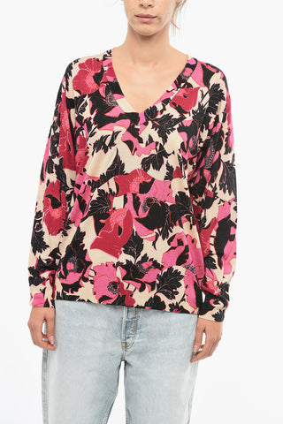 V-Neck Wool Pullover With Floral Pattern