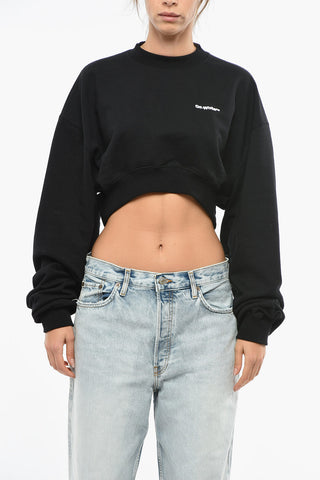Brushed Cotton Cropped Crewneck Sweater With Embroidered Logo