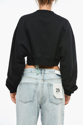 Brushed Cotton Cropped Crewneck Sweater With Embroidered Logo