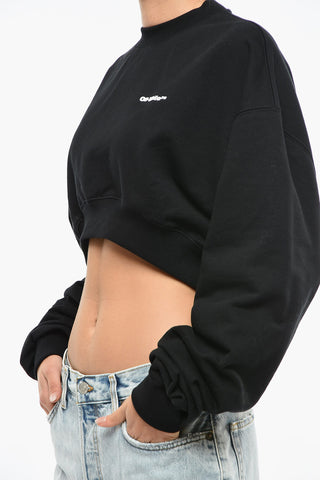 Brushed Cotton Cropped Crewneck Sweater With Embroidered Logo