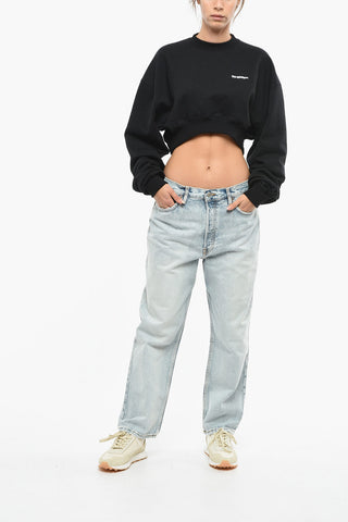 Brushed Cotton Cropped Crewneck Sweater With Embroidered Logo