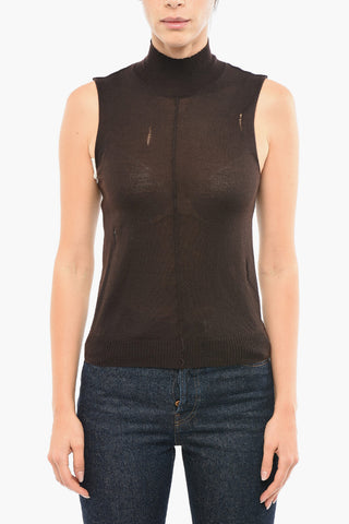 Maglia In Cashmere Smanicata Effetto Distressed