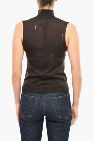 Maglia In Cashmere Smanicata Effetto Distressed