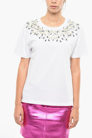 Jewel Neckline Cotton Crew Neck T-Shirt