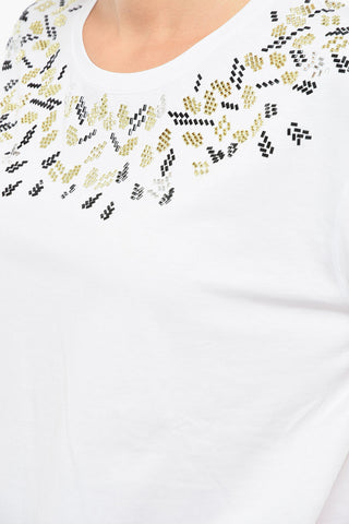Jewel Neckline Cotton Crew Neck T-Shirt