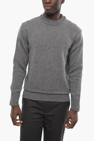 Pullover in Misto Lana con Doppio-Girocollo e Toppe in Suede