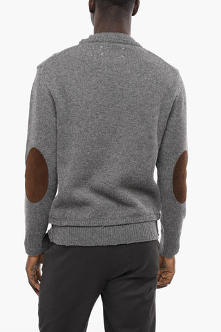 Pullover in Misto Lana con Doppio-Girocollo e Toppe in Suede