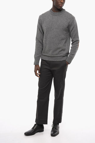 Pullover in Misto Lana con Doppio-Girocollo e Toppe in Suede