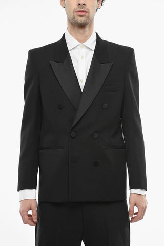 Double-breasted Wool Blazer with Satin Details