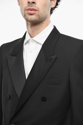 Double-breasted Wool Blazer with Satin Details