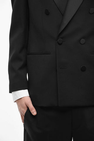 Double-breasted Wool Blazer with Satin Details