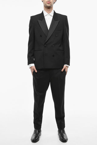 Double-breasted Wool Blazer with Satin Details