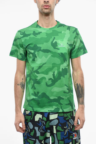 Crew Neck Cotton T-Shirt with Camouflage Motif