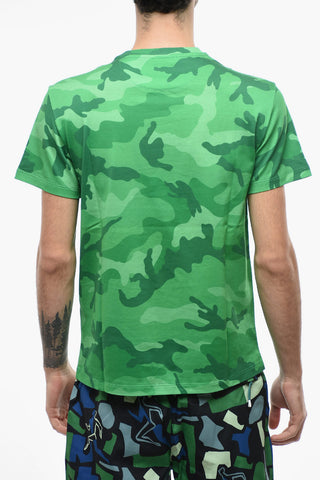 Crew Neck Cotton T-Shirt with Camouflage Motif