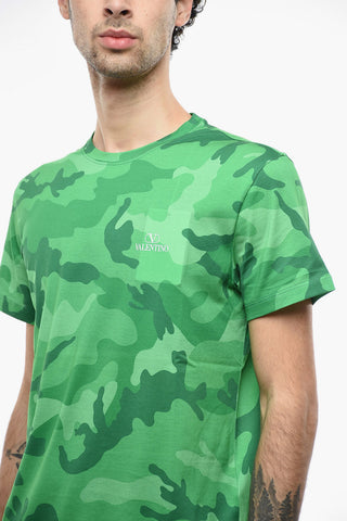 Crew Neck Cotton T-Shirt with Camouflage Motif
