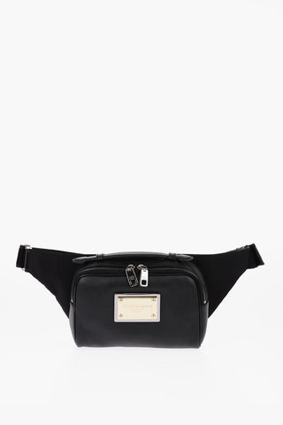 Leather and Nylon Bum Bag with Golden Effect Plaque