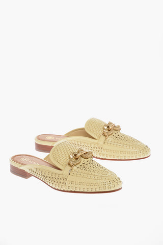 Woven Leather Mules with Metal Buckle
