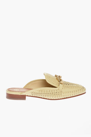 Woven Leather Mules with Metal Buckle