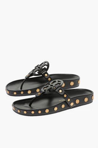 Coin Details Logoed Leather Thong Sandals