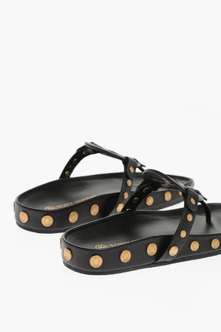 Coin Details Logoed Leather Thong Sandals