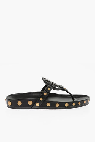 Coin Details Logoed Leather Thong Sandals