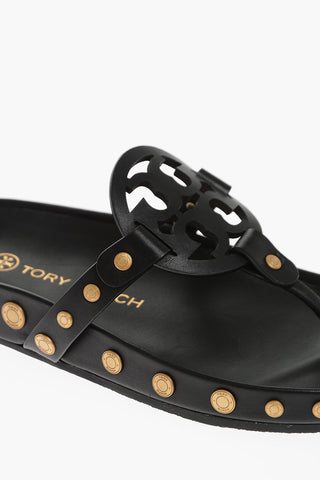 Coin Details Logoed Leather Thong Sandals