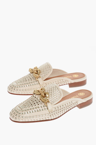 Woven Leather Mules with Metal Buckle