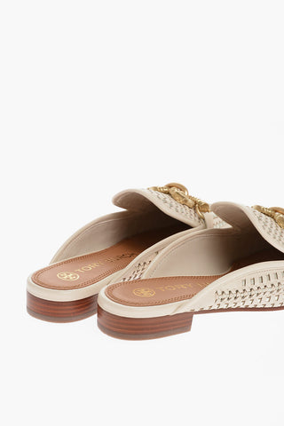 Woven Leather Mules with Metal Buckle