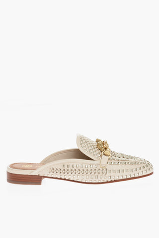 Woven Leather Mules with Metal Buckle