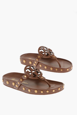 Coin Details Logoed Leather Thong Sandals