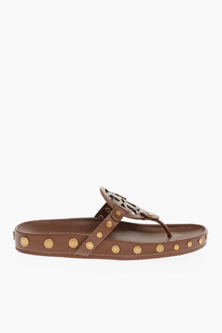 Coin Details Logoed Leather Thong Sandals