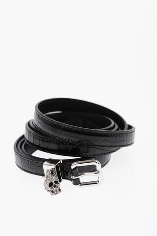 Crocodile Effect Leather Slim Belt with Skull Charm 15mm