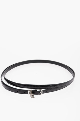 Crocodile Effect Leather Slim Belt with Skull Charm 15mm