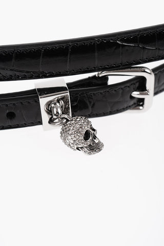 Crocodile Effect Leather Slim Belt with Skull Charm 15mm