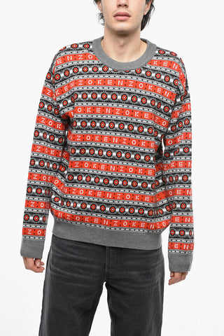Pullover Girocollo in Lana Jacquard con Motivo a Righe