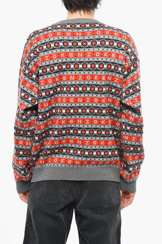 Pullover Girocollo in Lana Jacquard con Motivo a Righe