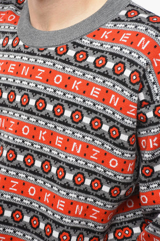 Pullover Girocollo in Lana Jacquard con Motivo a Righe