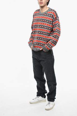 Pullover Girocollo in Lana Jacquard con Motivo a Righe