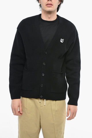 V-Neck Wool Cardigan with Fox Embroidery