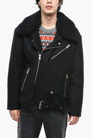 Shearling Collar Wool Blend Biker Coat