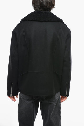 Shearling Collar Wool Blend Biker Coat