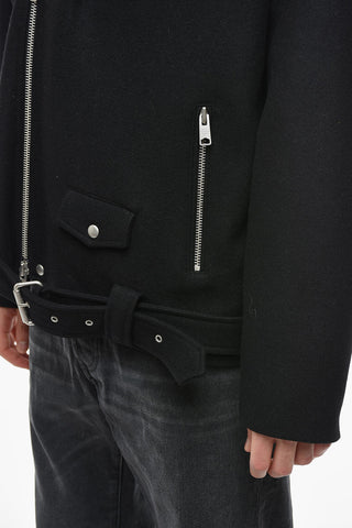 Shearling Collar Wool Blend Biker Coat