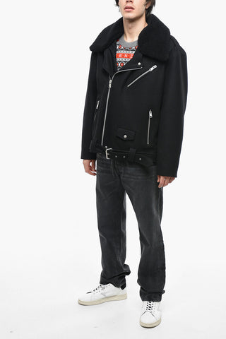 Shearling Collar Wool Blend Biker Coat