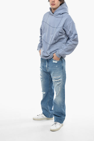 Fleece Cotton Hoodie with Visible Stitchings
